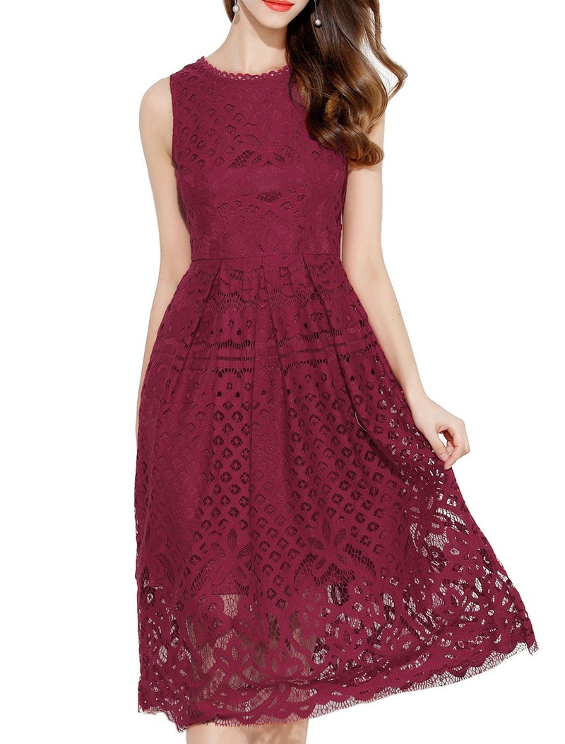 VEIISAR Womens Fashion Sleeveless Lace Fit Flare Elegant Cocktail Party Dress (XX-Large, Red Wine) - Image 1